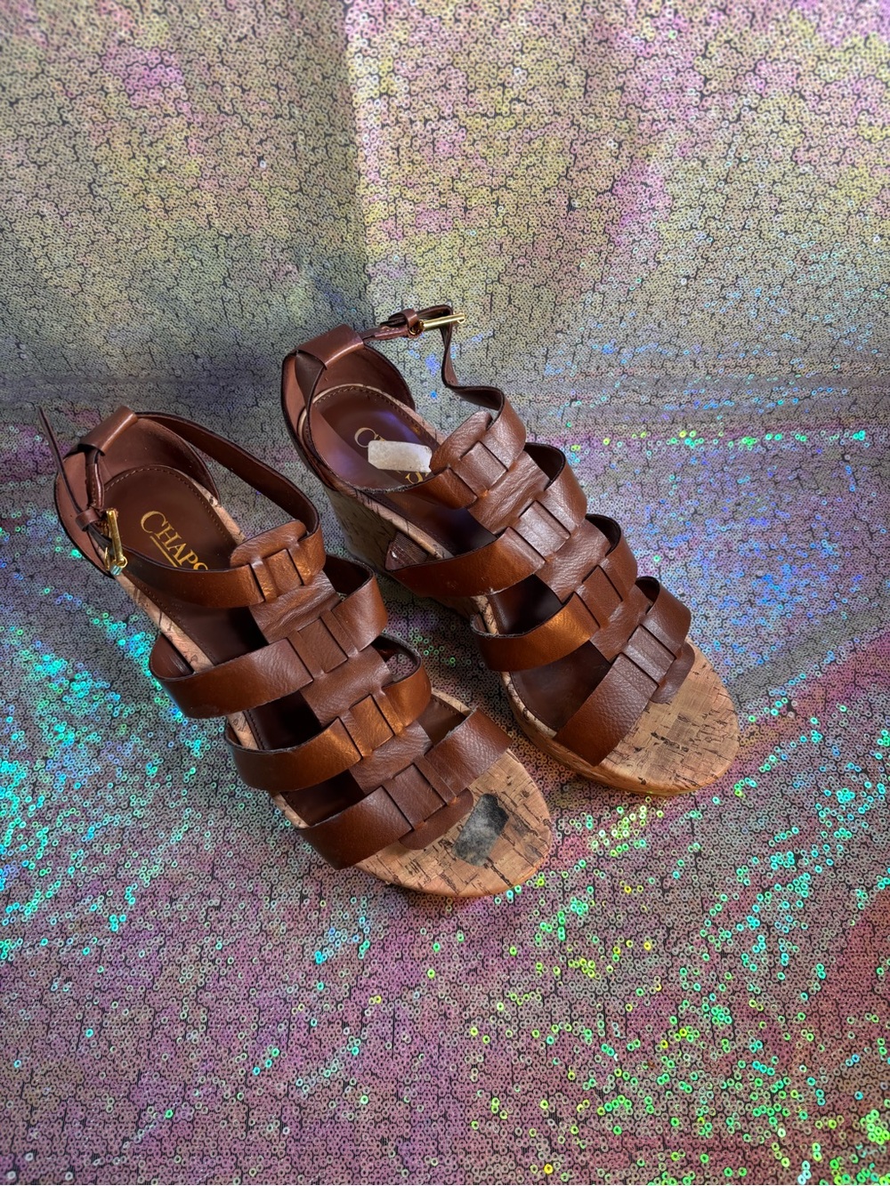 MUST BUNDLE THREE5 DOLLAR ITEMS CHAPS Brown Leather Woven Cork Wedge Sandals